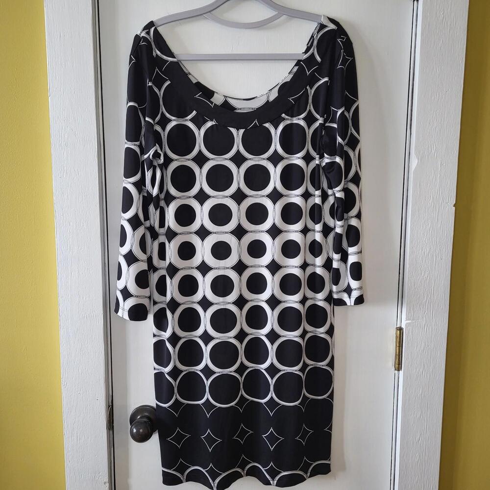 Tori Richard black & white sheath dress geometric circle pattern, 3/4 sleeve XL